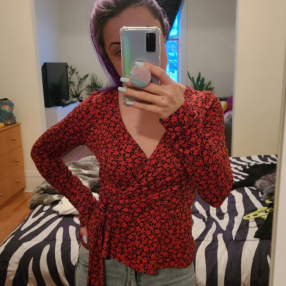 Rebel Sugar Red Wrap Blouse with Long Sleeves